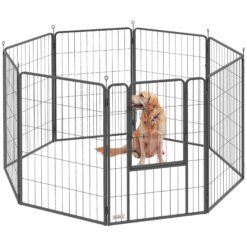 PawHut Eight-Panel Dog Playpen with Door, for Large Dogs, Indoors, Outdoors, 100cm Tall, Black