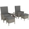 Outsunny 5 Piece Rattan Garden Furniture Set, Wicker Patio Sofa Set with 2 Armchairs, 2 Footstools, Glass Top Coffee Table with Shelf, Outdoor Furniture with Adjustable Backrests, Cushions, Dark Grey