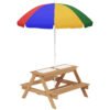 AIYAPLAY Kids Picnic Table, Sand and Water Table with Wooden Benches, Adjustable Parasol and Storage Bins, Multicolour