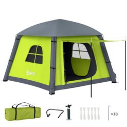 Outsunny Inflatable Camping Tent w/ Hand Pump, Easy Setup 1/2 Person Blow Up Tent Waterproof 190T Taffeta w/ Mesh Windows, Doors and Carry Bag, Green