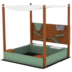 AIYAPLAY Wood Sandpit with Canopy, Storage Bins, Funnel, Liner, Chutes, Bucket with Tap, 116 x 112.5 x 128 cm, Green