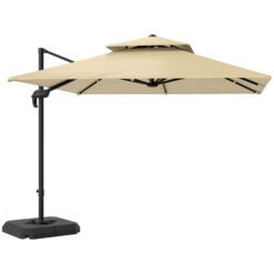 Outsunny 2.7 x 2.7 m Cantilever Parasol with Aluminium Frame, Crank and Tilt, 360-Degree Rotation, Double Top Garden Umbrella with Base and Cover, Khaki