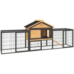 PawHut Wooden Rabbit Hutch Outdoor with Steel Run, Wooden Guinea Pig Cage with Removable Plastic Tray, Asphalt Roof, Ramp