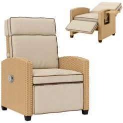 Outsunny 145 Reclining Rattan Armchair, with Footrest - Khaki/Beige