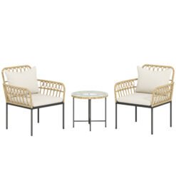 Outsunny 3 Piece Rattan Bistro Set, Wicker Garden Furniture Set with Cushions, Glass Top Coffee Table and Chairs for Outdoor, Patio, Balcony, Beige