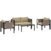 Outsunny 4 Piece Metal Garden Furniture Set with Tempered Glass Coffee Table, Texteline Pocket, Outdoor Set Loveseat Single Armchairs with Padded Cushions, Khaki