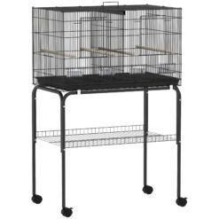 PawHut Bird Cage with Divider, 4 Wooden Perches, Slide Out Tray, 4 Feeders, for Budgie, Lovebird, Canary, 76 x 46 x 116cm Black