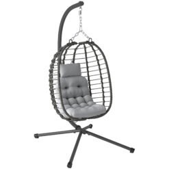 Outsunny Rattan Hanging Egg Chair, Foldable Wicker Hammock Swing Chair with Cushion, Stand, Adjustable Height, Head Pillow, Steel Frame for Garden Patio Indoor Outdoor, Light Grey