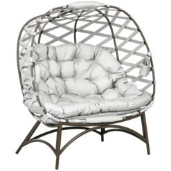 Outsunny 2 Seater Egg Chair Outdoor, Folding Weave Garden Furniture Chair with Cushion, Cup Pockets - Light Grey