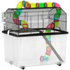 PawHut Two-Tier Hamster Cage with 31cm Deep Tray, Tube System, Water Bottle, Ramp, Feeding Bowl, Multicoloured