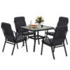 Outsunny 5 Pieces Outdoor Square Garden Dining Set w/ Tempered Glass Dining Table 4 Cushioned Armchairs, Umbrella Hole, Black