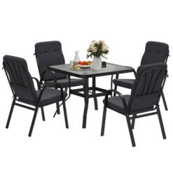 Outsunny 5 Pieces Outdoor Square Garden Dining Set w/ Tempered Glass Dining Table 4 Cushioned Armchairs, Umbrella Hole, Black