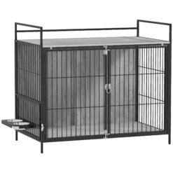 PawHut Large Dog Crate Furniture with Rotating Bowl Holder, 2 Bowls, 2 Doors, for Large Dogs, 100 x 60 x 88 cm, Grey