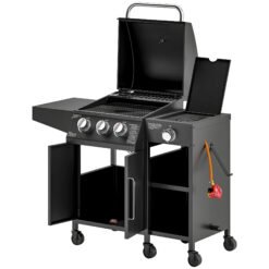 Outsunny 3+1 Burner Gas BBQ Grill with Storage Cabinet and Shelves, 9.5 kW Gas Barbecue Trolley with 6 Castor Wheels, Warming Rack, Thermometer for Outdoor Cooking Garden Party, Black