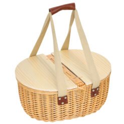 Outsunny Wicker Picnic Basket for 2 with Pine Wood Lid, Picnic Hamper with Cooler Compartment, Cutlery Service Kits, Carry Handle for Camping, Outdoor, Valentine Day, Chirtmas, Birthday, Light Brown