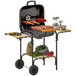 Outsunny Charcoal Barbecue Grill Portable BBQ Grill with 1840 cm Cooking Area, 3 Shelves, Adjustable Vent, Lockable Lid, Wheels for Outdoor Cooking, Garden Party, Black