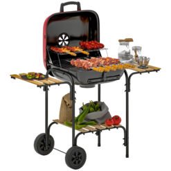 Outsunny Charcoal Barbecue Grill Portable BBQ Grill with 1840 cm Cooking Area, 3 Shelves, Adjustable Vent, Lockable Lid, Wheels for Outdoor Cooking, Garden Party, Red