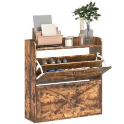 HOMCOM Two Flip Drawer Narrow Shoe Cabinet with Adjustable Shelves - Rustic Brown