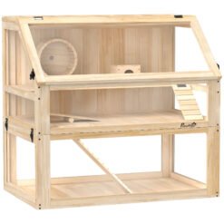 PawHut Wooden Hamster Cage with Detachable 31cm Deep Bottom, Hut, Seesaw, Exercise Wheel, Ramp, 80 x 50 x 76cm, Natural