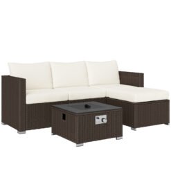 Outsunny Five Piece Rattan Garden Furniture Set with Gas Fire Pit Table and Footstool - Brown and Cream White