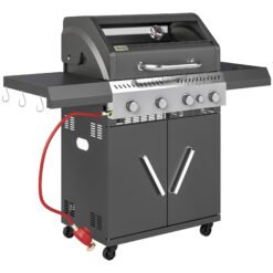 Outsunny 4+1 Burner Gas BBQ Grill with Clear View Lid, Portable Gas Barbecue Grill with Built-in Thermometer, Side Table, Cabinet, Wheels, Grease Tray for Garden Party Outdoor Cooking, Black