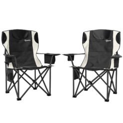 Outsunny Set of 2 Folding Camping Chairs, Padded Camping Chairs with Adjustable Armrests, Portable & Lightweight Folding Camp Chair with Cooler Bag, Cup Holder and Side Pockets, Black