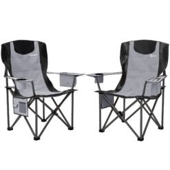 Outsunny Set of 2 Folding Camping Chairs, Padded Camping Chairs with Adjustable Armrests, Portable & Lightweight Folding Camp Chair with Cooler Bag, Cup Holder and Side Pockets, Grey