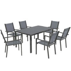 Outsunny 7 Piece Garden Dining Set, Outdoor Furniture Set with 6 Stackable Chairs and 150 cm Rectangle Table, WPC Slatted Top, Rust-Resistant Steel Frame, for Garden, Porch, Terrace