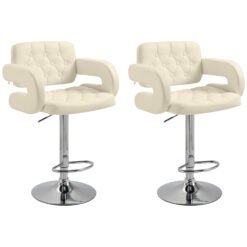 Upholstered Swivel Bar Stool, Set of 2 Height Adjustable Barstool with Back, Armrest, Footrest for Kitchen, White
