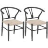 HOMCOM Set of Two Weave Dining Chairs with Y-Shaped Backrest Hemp Seat - Black/Beige