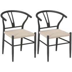 HOMCOM Set of Two Weave Dining Chairs with Y-Shaped Backrest Hemp Seat - Black/Beige