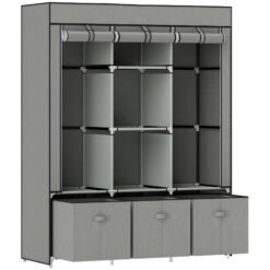 HOMCOM Fabric Wardrobe for Bedroom, Portable Wardrobe with 5 Shelves, 2 Hanging Rails and 3 Fabric Drawers, Foldable Closet, 125 x 43 x 162.5cm, Light Grey