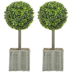 HOMCOM Set of 2 Decorative Artificial Plants, 50cm Faux Boxwood Topiary Balls with Woven Plastic Pot and Pebbles, Fake Plants for Home or Office Decor, Green
