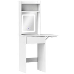 HOMCOM Small Vanity Desk with Mirror and LED Lights, Compact Dressing Table with Drop Leaf, Open Shelves and Drawer, White