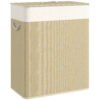 HOMCOM Double Laundry Basket with Lid, 100L Bamboo Laundry Hamper with Rope Handles, Washing Basket with Removable Liner for Bathroom, Bedroom, Cream White