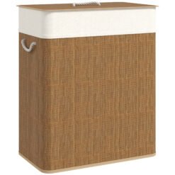 HOMCOM Double Laundry Basket with Lid, 100L Bamboo Laundry Hamper with Rope Handles, Washing Basket with Removable Liner for Bathroom, Bedroom, Brown