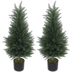 HOMCOM Artificial Plants Outdoor, 90 cm Fake Cypress Tree with Plastic Pots, UV-Resistant Faux Plants for Garden Front Porch Decoration, 2 Pack