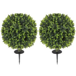 HOMCOM Set of 2 40 cm Artificial Boxwood Topiary Ball Bush with Integrated Ground Stake, Indoor Outdoor UV Resistant Faux Greenery, Faux Plants for Garden, Porch, Balcony