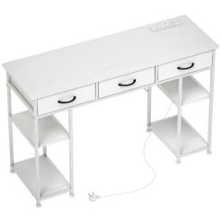 HOMCOM 120cm Computer Desk with Power Outlets, Office Desk Study Table with 3 Fabric Drawers and 4 Storage Shelves, White