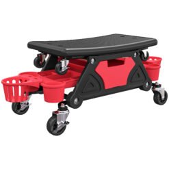 HOMCOM Rolling Mechanic Stool, 135kg Capacity Workshop Stool with 360 Swivel Wheels, Roller Creeper Seat with Slide Out Tool Trays, Drawer, Bottle Holders for Garage, Shop, Auto Repair, Red