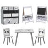 ZONEKIZ Kids Table and Chairs, Kids Storage Unit and Kids Easel Set, Cute Animal Design Kids Activity Furniture Set for Ages 3-8 Years, Grey
