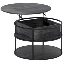HOMCOM Lift Top Coffee Table, Round Coffee Table with Storage Shelf, Hidden Compartment and Steel Frame for Living Room, Home Office, Charcoal Grey
