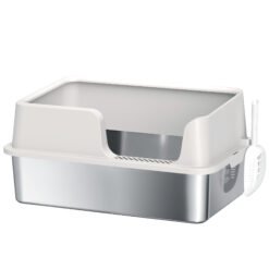 PawHut Stainless Steel Litter Box with Detachable Rim, Scoop, Easy Cleaning, Odour-Resistant, 60 x 40 x 28 cm