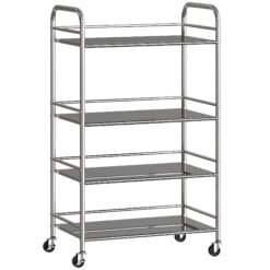 HOMCOM 4 Tier Stainless Steel Kitchen Storage Trolley with Adjustable Shelves - Silver