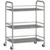 HOMCOM 3 Tier Stainless Steel Kitchen Storage Trolley with Adjustable Shelf - Silver
