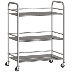 HOMCOM 3 Tier Stainless Steel Kitchen Storage Trolley with Adjustable Shelf - Silver
