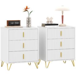HOMCOM Set of 2 Elegant Chest of Three Drawers - White/Gold-Tone