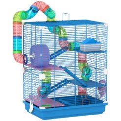 PawHut 5 Tier Hamster Cage Carrier Habitat w/ Exercise Wheels, Tunnel, Blue