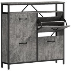 HOMCOM Shoe Storage Cabinet with 4 Flip Drawers and Open Shelf - Cement Grey