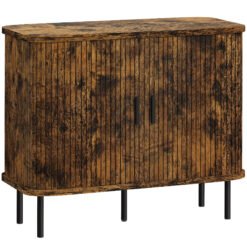 HOMCOM Mid-Century Modern Sideboard Storage Cabinet with Slatted Tambour Sliding Doors, Kitchen Cabinet with Steel Legs, Rustic Brown